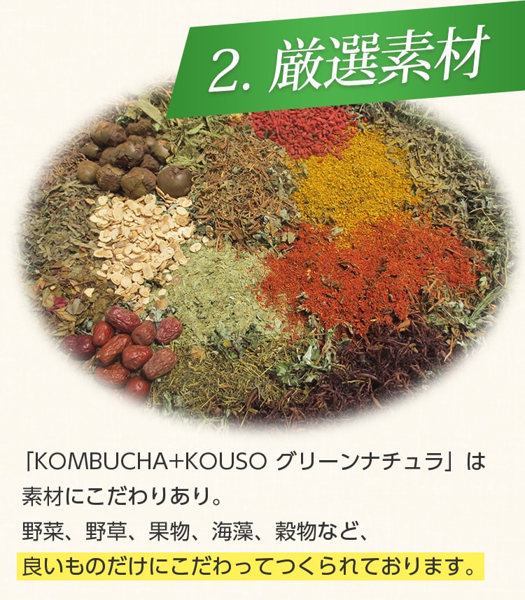 2.厳選素材/「KOMBUCHA+KOUSO グリーンナチュラ」は素材にこだわりあり。野菜、野草、果物、海藻、穀物など、良いものだけにこだわった素材でつくられています。