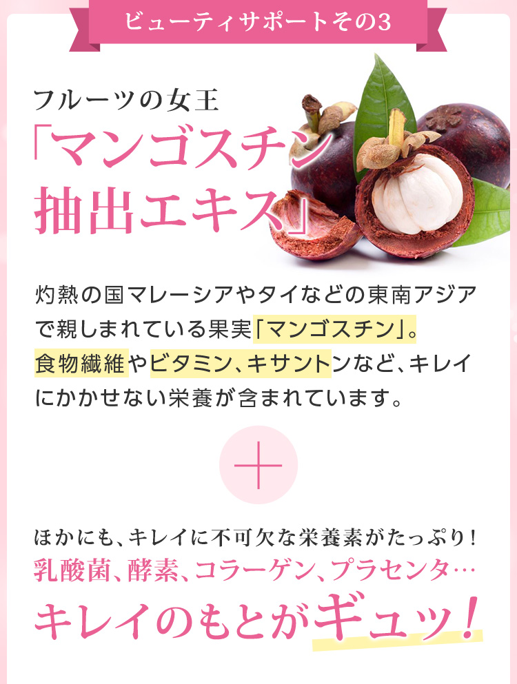 ビューティサポートその3 フルーツの女王「マンゴスチン抽出エキス」灼熱の国マレーシアやタイなどの東南アジアで親しまれている果実「マンゴスチン」。食物繊維やビタミン、キサントンなど、キレイにかかせない栄養が含まれています。ほかにも、キレイに不可欠な栄養素がたっぷり!乳酸菌、酵素、コラーゲン、プラセンタ… キレイのもとがギュッ! 
