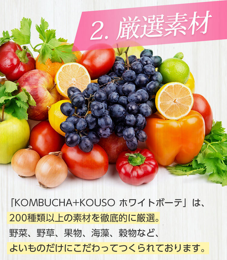2.厳選素材/「KOMBUCHA+KOUSO ホワイトボーテ」は、200種類以上の素材を徹底的に厳選。野菜、野草、果物、海藻、穀物など、よいものだけにこだわってつくられております。