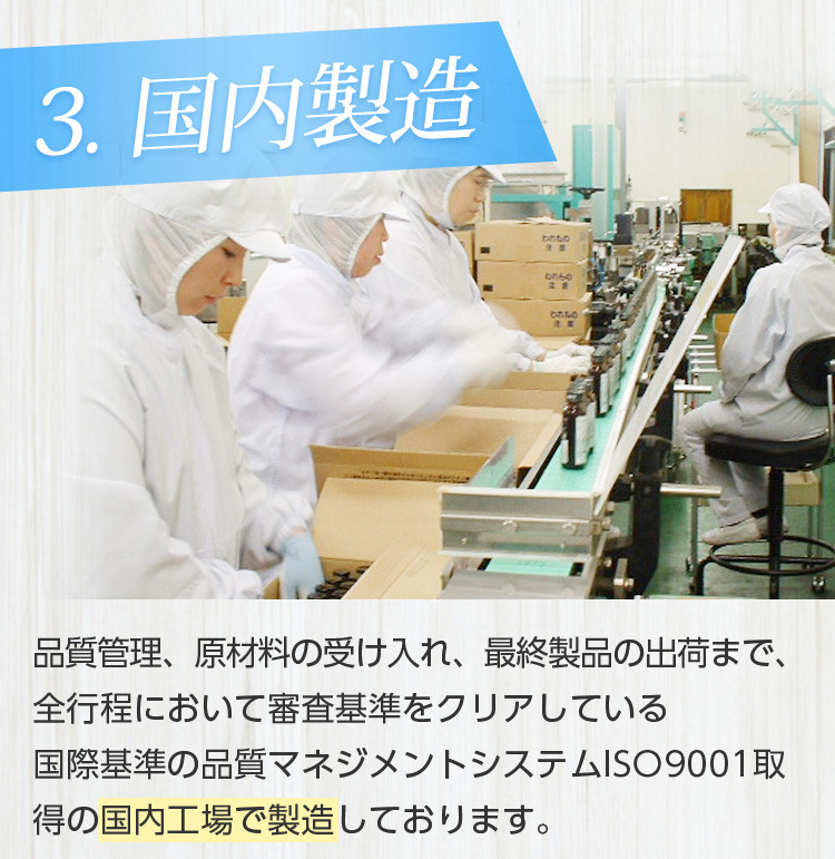 3.国内製造/品質管理、原材料の受け入れ、最終製品の出荷まで、全行程において審査基準をクリアしている国際基準の品質マネジメントシステムISO9001取得の国内工場で製造しております。